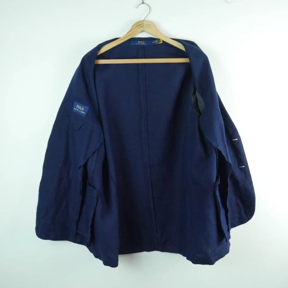 Polo Ralph Lauren Mens 46R Navy Blue Linen Blazer Modern Fit Sport Coat